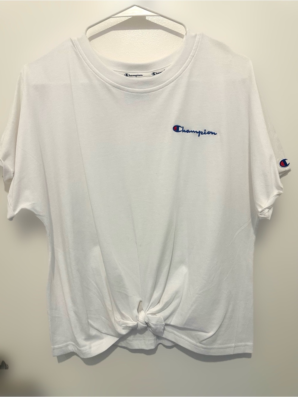 Champion White Short-Sleeve Tee with Front Knot and Script Logo